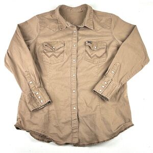 Wrangler Retro Shirt Womens XL Khaki Canvas Western Pearl Snap Long Sleeve